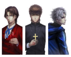 Rule 34 | 3boys, alcohol, bad id, bad pixiv id, blue eyes, brown eyes, brown hair, command spell, cross, cross necklace, cup, drinking glass, facial hair, fate/zero, fate (series), formal, goatee, hood, hoodie, jewelry, kotomine kirei, mahou kyuuri, male focus, matou kariya, multiple boys, necklace, realistic, suit, tohsaka tokiomi, white background, wine, wine glass
