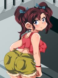 Rule 34 | 1girl, annoyed, ass, bakusou kyoudai let&#039;s &amp; go!!, bakusou kyoudai let&#039;s &amp; go!! max, bent over, blue eyes, breasts, brown hair, hair ribbon, highres, huge ass, jewelry, large breasts, legs, looking at viewer, looking back, midriff, necklace, oogami marina, ribbon, short shorts, shorts, smile, solo, tank top, thighs, twintails