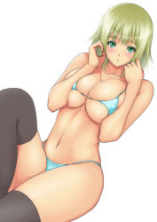 Rule 34 | 1girl, bikini, blonde hair, blush, breasts, breasts squeezed together, cleavage, green eyes, large breasts, looking at viewer, muffin (sirumeria), navel, open mouth, original, short hair, simple background, solo, string bikini, swimsuit, thighhighs, white background