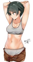 Rule 34 | 10s, 1girl, armpits, arms up, black eyes, black hair, boyshort panties, bra, breasts, cameltoe, collarbone, cropped legs, covered erect nipples, grey bra, grey panties, groin, isshiki (ffmania7), kantai collection, looking away, midriff, mogami (kancolle), navel, open fly, panties, see-through, short hair, shorts, simple background, smile, solo, sports bra, stomach, twitter username, underwear, unzipped, white background