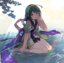 Rule 34 | 1girl, ahoge, alternate hair length, alternate hairstyle, beach, blunt bangs, branch, commentary request, dappled sunlight, floral print, gradient kimono, green hair, green kimono, hairband, hand in own hair, highres, japanese clothes, kimono, light particles, looking at viewer, obi, open mouth, pea pod, sash, shirinda fureiru, short hair, sitting on water, smile, solo, sunlight, tabi, touhoku zunko, tree shade, voiceroid, water, white kimono, yellow eyes