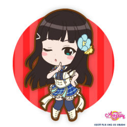 Rule 34 | 1girl, ;), artist name, artist request, badge, black hair, blue eyes, blue flower, blue legwear, blue skirt, blush, bow, center frills, checkered clothes, checkered skirt, chibi, collared shirt, dress, dress shirt, female focus, flower, flower hair ornament, frilled dress, frilled skirt, frilled sleeves, frills, full body, green eyes, hair flower, hair ornament, hairclip, high heels, kurosawa dia, long hair, looking at viewer, love live!, love live! school idol festival, love live! school idol festival all stars, love live! sunshine!!, lowres, miniskirt, mole, mole under mouth, one eye closed, parted lips, plaid, plaid skirt, pleated, pleated skirt, school idol maniac (love live!), shirt, shoes, short hair, short sleeves, skirt, smile, solo, standing, white bow, white shirt, wink, yellow flower, yellow footwear