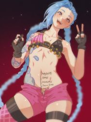 Rule 34 | 1girl, arm tattoo, bare shoulders, black gloves, black nails, blue hair, blush, body writing, collarbone, contrapposto, dick-o-meter, eyelashes, fingerless gloves, fingernails, gloves, gradient background, highres, holding, holding marker, hyattlen, jinx (league of legends), league of legends, light blue hair, long hair, marker, measuring, nail polish, navel, open mouth, pink eyes, shell casing, shoulder tattoo, single thighhigh, smile, solo, stomach tattoo, striped, tattoo, teeth, thigh strap, thighhighs, tongue, twintails, v, very long hair