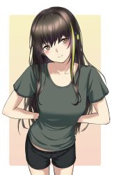 Rule 34 | 1girl, 3 small spiders, absurdres, arms behind back, black shorts, blush, breasts, brown eyes, brown hair, closed mouth, collarbone, feet out of frame, girls&#039; frontline, green shirt, headphones, highres, leaning forward, long hair, looking at viewer, m4a1 (girls&#039; frontline), medium breasts, multicolored hair, shirt, shorts, simple background, solo, standing