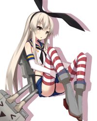 Rule 34 | 10s, 1girl, black neckerchief, black panties, boots, crossed bangs, elbow gloves, full body, gloves, grey footwear, hairband, highres, kantai collection, long hair, looking at viewer, neckerchief, panties, pantyshot, personification, ponkotsu (ayarosu), red thighhighs, rensouhou-chan, shimakaze (kancolle), silver hair, skirt, solo, striped clothes, striped thighhighs, thighhighs, transparent background, underwear, upskirt, white background, white thighhighs, yellow eyes