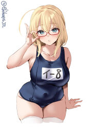 Rule 34 | 1girl, ahoge, arm support, bare arms, bare shoulders, blonde hair, blue eyes, blue one-piece swimsuit, blush, breasts, collarbone, cowboy shot, cropped legs, ebifurya, glasses, hair between eyes, highres, i-8 (kancolle), kantai collection, large breasts, long hair, looking at viewer, name tag, one-hour drawing challenge, one-piece swimsuit, parted lips, red-framed eyewear, school swimsuit, semi-rimless eyewear, simple background, solo, swimsuit, thighhighs, twitter username, white background, white thighhighs