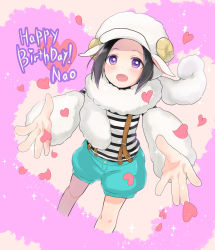 Rule 34 | 10s, 1boy, 1girl, akariko (akaringo), animal costume, birthday, blush, character name, english text, happy birthday, hat, heart, idolmaster, idolmaster side-m, male focus, okamura nao, outstretched arms, sheep costume, sheep hat, shirt, shorts, smile, solo, striped clothes, striped shirt, suspenders