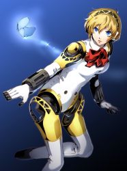 Rule 34 | 1girl, aegis (persona), android, blonde hair, blue eyes, bow, bug, butterfly, headphones, highres, bug, joints, nakano maru, persona, persona 3, ribbon, robot joints, short hair, solo