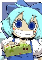 Rule 34 | 1girl, blue dress, blue eyes, blue hair, blush, blush stickers, bow, box, chocolate, cirno, dress, grin, hair bow, ice, ice wings, matching hair/eyes, puffy short sleeves, puffy sleeves, shirt, short sleeves, smile, solo, touhou, upper body, valentine, wings, zannen na hito
