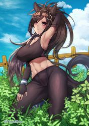 Rule 34 | 10s, 1girl, animal ears, arm up, armpits, black gloves, black pantyhose, blue sky, breasts, bridle, brown eyes, brown hair, brown thoroughbred (kemono friends), cloud, commentary, dark-skinned female, dark skin, day, elbow gloves, eyes visible through hair, fence, fingerless gloves, gloves, hairband, highres, horizontal pupils, horse ears, horse girl, horse tail, kemono friends, large breasts, long hair, looking at viewer, midriff, o-ring, outdoors, pantyhose, plant, ponytail, sky, solo, sports bra, tail, tomathao, twitter username, very long hair, wristband