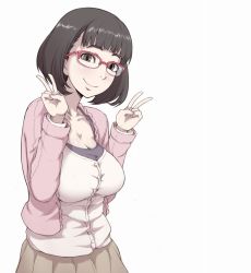 Rule 34 | 1girl, blush, bob cut, breasts, brown eyes, brown hair, brown skirt, cleavage, closed mouth, collarbone, double v, eyebrows, glasses, ina (gokihoihoi), large breasts, long sleeves, original, shirt, short hair, simple background, skirt, smile, solo, v, white background, white shirt