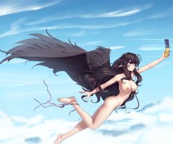 Rule 34 | 1girl, alternate hairstyle, arm up, ass, barefoot, black wings, blue sky, bra, breasts, brown eyes, brown hair, cellphone, cloud, commentary, day, english commentary, feathered wings, female pubic hair, flying, full body, hair between eyes, hair down, hater (hatater), highres, himekaidou hatate, holding, holding phone, large breasts, leg up, long hair, nipples, no headwear, nude, nudist, open bra, outdoors, panties, phone, pointy ears, pubic hair, public indecency, public nudity, purple bra, side-tie panties, sidelocks, sky, solo, thighs, touhou, underwear, untied panties, unworn panties, very long hair, wings
