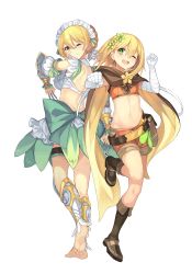 Rule 34 | 2girls, ;), ;d, absurdres, apron, arm guards, arm up, asymmetrical legwear, back, back bow, bandaged arm, bandages, barefoot, belt, belt pouch, between fingers, blonde hair, blush, boots, bow, braid, breasts, brown footwear, brown scarf, crop top, detached collar, dreamlight2000, fishnet legwear, fishnets, flower, flower knight girl, french braid, frills, from behind, full body, green bow, green eyes, green flower, green skirt, hair between eyes, hair flower, hair ornament, hairband, hand up, highres, holding, holding knife, katabami (flower knight girl), knife, knives between fingers, leg up, looking at viewer, looking back, maid, maid headdress, medium breasts, midriff, multiple girls, navel, official art, one eye closed, open mouth, orange shorts, pouch, scarf, shin guards, short hair, shorts, simple background, skirt, small breasts, smile, soles, standing, standing on one leg, stomach, suiren (flower knight girl), teeth, uneven legwear, upper teeth only, weapon, white background, yellow eyes