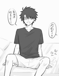 Rule 34 | 1boy, bed, commentary request, fate/grand order, fate (series), fujimaru ritsuka (male), highres, looking at another, looking to the side, male focus, monochrome, on bed, open mouth, parted bangs, shirt, short hair, shorts, sitting, sound effects, speech bubble, spread legs, t-shirt, translation request, white background, yukihara sbgd
