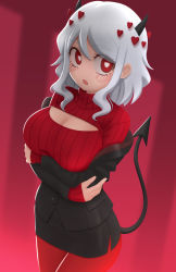 Rule 34 | 1girl, black horns, black jacket, black skirt, blush, breasts, cleavage, cleavage cutout, clothing cutout, demon girl, demon horns, demon tail, heart, heart-shaped pupils, helltaker, highres, horns, jacket, large breasts, long sleeves, looking at viewer, meme attire, modeus (helltaker), off shoulder, open-chest sweater, open mouth, pantyhose, pencil skirt, red eyes, red pantyhose, red sweater, ribbed sweater, short hair, simple background, siraha, skirt, sleeves past wrists, solo, sweater, symbol-shaped pupils, tail, turtleneck, white hair
