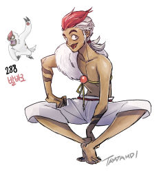 Rule 34 | 1boy, :d, artist name, creatures (company), dark-skinned male, dark skin, fangs, game freak, gen 3 pokemon, long hair, looking at viewer, navel, nintendo, open mouth, personification, pokedex number, pokemon, red hair, simple background, sitting, smile, solo, tamtamdi, toned, vigoroth, white background, white hair