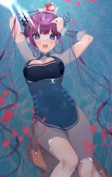 Rule 34 | 1girl, arm behind head, arms up, bad id, bad pixiv id, black dress, blue eyes, breasts, china dress, chinese clothes, commentary, double bun, dress, fate/grand order, fate (series), from above, gluteal fold, hair bun, hair ornament, hand on own head, highres, long hair, looking at viewer, lying, medium breasts, microdress, myao (o3o333), on back, open mouth, partially submerged, pencil skirt, print dress, purple hair, skirt, solo, twintails, very long hair, water, yang guifei (fate), yang guifei (second ascension) (fate)