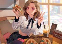 Rule 34 | 1girl, black ribbon, black skirt, brown hair, chair, commentary, commission, cup, drinking straw, earrings, food, highres, holding, holding food, holding pizza, hongcasso, indoors, jewelry, long hair, long sleeves, looking at viewer, midriff, nail polish, navel, neck ribbon, nintendo switch, original, pink eyes, pizza, pleated skirt, red nails, ribbon, school uniform, shirt, sitting, skirt, solo, v, white shirt, window