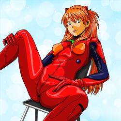 Rule 34 | 1girl, :p, bad id, bad pixiv id, blue background, blue eyes, blurry, bodysuit, bokeh, breasts, breasts apart, chair, depth of field, folding chair, hair between eyes, hairpods, hand on own thigh, leg up, long hair, looking at viewer, neon genesis evangelion, nike (0306), orange hair, parted bangs, plugsuit, red bodysuit, simple background, sitting, solo, souryuu asuka langley, spread legs, tongue, tongue out, two side up, v-shaped eyebrows