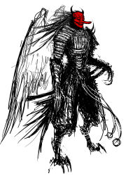 Rule 34 | abelardo, armor, clawed feet, digitigrade, feathered wings, full body, greyscale, hand on weapon, highres, horns, japanese armor, long hair, long nose, mask, monochrome, monster, monster boy, oni horns, original, partially colored, red mask, samurai, sheath, sheathed, sketch, solo, sword, tengu, tengu mask, weapon, white background, wings
