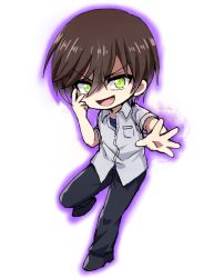 Rule 34 | 10s, 1boy, :d, brown hair, charlotte (anime), chibi, looking at viewer, male focus, nakadome, open mouth, otosaka yuu, outstretched hand, pants, shirt, short hair, simple background, smile, solo, v over eye, white background, yellow eyes