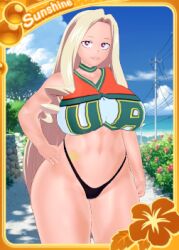 Rule 34 | 3d, artist request, blonde hair, boku no hero academia, card, curvy, hand on own hip, koikatsu, koikatsu (medium), koikatsu sunshine, long hair, looking at viewer, lowres, mount lady, outdoors, purple eyes, shirt, smile, source request, star (symbol), tattoo, thick thighs, thighs, thong, wide hips