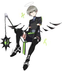 Rule 34 | 1boy, arene (arknights), arknights, ball and chain (weapon), black footwear, black gloves, black jacket, black thighhighs, boots, closed mouth, commentary request, elbow gloves, energy wings, flail, full body, gloves, green eyes, grey hair, halo, hexagon, high heels, highres, holding, holding weapon, jacket, knee up, looking away, male focus, short hair, short sleeves, sideways glance, simple background, sitting, solo, spiked ball and chain, thigh boots, thigh strap, thighhighs, vegetable noda, weapon, white background