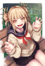 Rule 34 | 1girl, :d, artist name, bench, blonde hair, blunt bangs, boku no hero academia, cardigan, claw pose, commentary request, double bun, fangs, grass, hair bun, long sleeves, looking at viewer, open mouth, outdoors, pleated skirt, re (re 09), revision, school uniform, serafuku, signature, sitting, skirt, smile, solo, teeth, toga himiko, yellow eyes