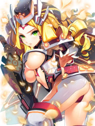 Rule 34 | 1girl, arinna karin galaxia, ass, bad id, bad pixiv id, blonde hair, boots, breasts, cherrypin, cleavage, drill hair, green eyes, hat, junketsu duelion, large breasts, long hair, looking at viewer, official art, petals, solo, sword, thigh boots, thighhighs, underboob, weapon, white background