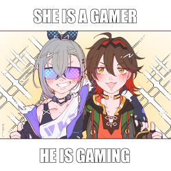 Rule 34 | 1boy, 1girl, arm on another&#039;s shoulder, black jacket, blue gloves, brown hair, chinese clothes, colored inner hair, company connection, english text, fingerless gloves, gaming (genshin impact), genshin impact, gloves, goggles, grey hair, happy, highres, honkai: star rail, honkai (series), jacket, kimchi15922858, long hair, looking at viewer, meme, mole, mole on neck, multicolored hair, shirt, silver wolf (honkai: star rail), simple background, smile, thumbs up, v-shaped eyebrows, yellow eyes
