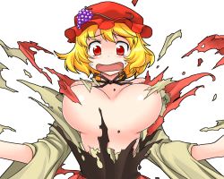 Rule 34 | aki minoriko, blonde hair, blush, breasts, censored, convenient censoring, exploding clothes, hat, large breasts, mono (moiky), open mouth, red eyes, solo, sweat, torn clothes, touhou, transparent background