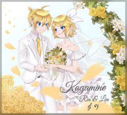 Rule 34 | 1boy, 1girl, ahoge, bare shoulders, bass clef, blonde hair, blue eyes, bow, bridal veil, character name, choker, collarbone, collared shirt, dress, eye contact, falling petals, flower, formal, frilled dress, frills, hair bow, hair ornament, hairclip, highres, itkedo, jacket, kagamine len, kagamine rin, looking at another, necktie, off-shoulder dress, off shoulder, open mouth, pants, petals, rose, shirt, short dress, short sleeves, smile, suit, swept bangs, thighhighs, treble clef, tuxedo, veil, vocaloid, wedding, wedding dress, white choker, white jacket, white lily, white pants, white suit, white thighhighs, white veil, yellow flower, yellow nails, yellow necktie, yellow rose, zettai ryouiki