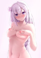 Rule 34 | 10s, 1girl, absurdres, blush, braid, breasts, elf, emilia (re:zero), flower, french braid, hair flower, hair ornament, hair ribbon, hands on own chest, highres, light purple hair, long hair, looking at viewer, medium breasts, navel, nicoby, nipples, nude, out-of-frame censoring, pointy ears, puffy nipples, purple eyes, re:zero kara hajimeru isekai seikatsu, ribbon, solo, upper body, wavy mouth, white background