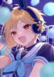 Rule 34 | 1boy, absurdres, amusement live (ensemble stars!), androgynous, animal ear headphones, animal ears, blonde hair, blush, ensemble stars!, fake animal ears, headphones, highres, looking at viewer, male focus, moka (210727), night, night sky, nito nazuna, official alternate costume, open mouth, rabbit ears, red eyes, short hair, short sleeves, sky, smile, solo, star (sky), starry sky