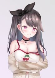 Rule 34 | 1girl, arms under breasts, asymmetrical hair, azur lane, bare shoulders, beige cardigan, black choker, black hairband, breasts, brown hair, cardigan, cherry print, choker, cleavage, food print, grey background, hairband, highres, long hair, looking at viewer, medium breasts, official alternate costume, one side up, open cardigan, open clothes, oppai loli, pamiat merkuria (azur lane), pamiat merkuria (sweet cherry memories) (azur lane), purple eyes, shirt, simple background, smile, solo, white shirt, yorumon