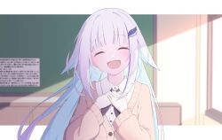 Rule 34 | 1girl, blunt bangs, closed eyes, hand on own chest, hand up, indoors, lize helesta, nijisanji, open mouth, quarterlift, school uniform, solo, virtual youtuber, white hair