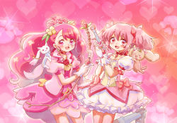 Rule 34 | 2girls, :3, :d, bow, bow (weapon), bubble skirt, choker, color connection, crossover, cure grace, earrings, flower, gloves, hair bun, hair color connection, hair flower, hair ornament, hair ribbon, hanadera nodoka, healin&#039; good precure, heart, heart hair ornament, jewelry, kaname madoka, kneehighs, kyubey, long hair, looking at viewer, magical girl, mahou shoujo madoka magica, mahou shoujo madoka magica (anime), multiple girls, open mouth, pink eyes, pink hair, pink neckwear, power connection, precure, puffy sleeves, ribbon, short twintails, single hair bun, skirt, smile, socks, sushineta, trait connection, twintails, voice actor connection, weapon, white gloves, white legwear, yuuki aoi
