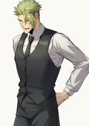 Rule 34 | 1boy, absurdres, achilles (fate), alternate costume, black necktie, black pants, black vest, brown eyes, collared shirt, fate/grand order, fate (series), green hair, haruakira, highres, long sleeves, male focus, muscular, muscular male, necktie, open mouth, pants, shirt, short hair, simple background, solo, undercut, vest, white background, white shirt