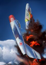 Rule 34 | absurdres, aerial battle, aircraft, airplane, battle, blue sky, cloud, dogfight, f-86 sabre, fighter jet, fire, highres, jet, korean war, mig-15, military vehicle, mirroraptor, original, sky, united states air force, vehicle focus
