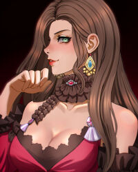 Rule 34 | 1girl, bare shoulders, blush, breasts, brown hair, cleavage, dinalexis, dorothea arnault, earrings, fire emblem, fire emblem: three houses, green eyes, highres, jewelry, large breasts, lips, long hair, nintendo