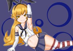 Rule 34 | 1girl, arm up, armpits, blonde hair, cosplay, elbow gloves, gloves, graham mk2, grin, kantai collection, long hair, looking at viewer, microskirt, monogatari (series), oshino shinobu, pointy ears, shimakaze (kancolle) (cosplay), skirt, smile, solo, striped clothes, striped thighhighs, thighhighs, yellow eyes