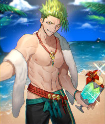 Rule 34 | 1boy, abs, absurdres, achilles (fate), alternate costume, cocktail, day, fate/apocrypha, fate/grand order, fate (series), green hair, highres, jewelry, male focus, manly, muscular, navel, necklace, nipples, none (kameko227), one eye closed, outdoors, palm tree, pants, smirk, solo, sparkle, summer, towel, tree, yellow eyes