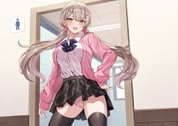 Rule 34 | absurdres, angry, bathroom, black skirt, black thighhighs, blush, brown eyes, brown hair, cardigan, clothes lift, collared shirt, doorway, hair ornament, hairclip, highres, kurousagi yuu, looking at viewer, non-web source, open cardigan, open clothes, open mouth, original, panties, pink cardigan, pink panties, plaid, plaid skirt, pleated skirt, school uniform, shirt, shirt tucked in, skirt, skirt lift, standing, sweater, teeth, thighhighs, twintails, underwear, upper teeth only, v-shaped eyebrows, white shirt