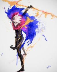 Rule 34 | 1boy, bishounen, black bodysuit, blue cape, bodysuit, cape, collar, colorful, fate/apocrypha, fate (series), from side, hair between eyes, highres, holding, holding weapon, karna (fate), legs apart, male focus, multicolored cape, multicolored clothes, rean (r ean), red cape, signature, silver hair, solo, spiked collar, spikes, standing, weapon