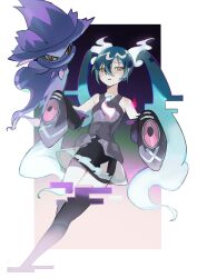 Rule 34 | 1girl, absurdres, bare shoulders, black skirt, black thighhighs, border, commentary, creatures (company), detached sleeves, game freak, gen 4 pokemon, ghost miku (project voltage), green hair, grey shirt, hair between eyes, hatsune miku, highres, long hair, looking down, mismagius, necktie, nintendo, outside border, parted lips, pokemon, pokemon (creature), project voltage, shirt, skirt, sleeveless, sleeveless shirt, sleeves past fingers, sleeves past wrists, thighhighs, twintails, vocaloid, white border, ww20040626, yellow eyes