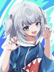 Rule 34 | 1girl, blue eyes, blue hair, blue hoodie, gawr gura, grey hair, hands up, hololive, hololive english, hood, hooded jacket, hoodie, jacket, multicolored hair, shinonome shino (artist), short hair, solo, tongue, tongue out, twintails, two-tone hair, virtual youtuber