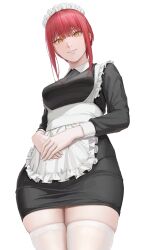 Rule 34 | 1girl, absurdres, alternate costume, ano (gccx8784), apron, black dress, breasts, chainsaw man, collared dress, dress, enmaided, frilled apron, frills, from below, highres, large breasts, long sleeves, looking at viewer, maid, maid apron, maid headdress, makima (chainsaw man), own hands together, red hair, short hair with long locks, simple background, smile, solo, standing, thighhighs, thighs, white apron, white background, white thighhighs, yellow eyes