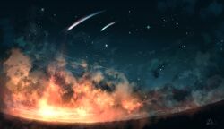 Rule 34 | absurdres, chinese commentary, cloud, commentary request, falling star, highres, night, night sky, no humans, original, outdoors, rune xiao, scenery, signature, sky, star (sky), starry sky, still life, sunset