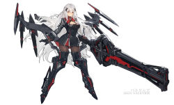 Rule 34 | 1girl, albino, armor, black dress, black gloves, black pantyhose, boots, breasts, cleavage, cleavage cutout, clothing cutout, dress, full body, gloves, highres, huge weapon, kishiyo, large breasts, long hair, looking at viewer, mecha musume, mechanical wings, armored boots, original, pantyhose, red eyes, revision, smile, solo, tachi-e, thigh boots, thighhighs, very long hair, weapon, white background, white hair, wings
