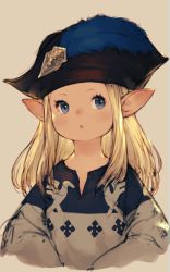 Rule 34 | 10s, 1girl, :o, blonde hair, blue eyes, final fantasy, final fantasy xiv, hat, hat feather, highres, junwool, lalafell, long hair, open mouth, pointy ears, simple background, solo, upper body